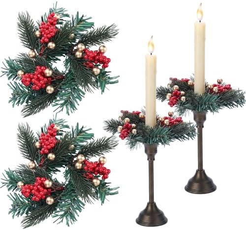 Daifunli 2 Pcs Christmas Gold Ball Red Berry Pine Needle Candle Ring Artificial Berry Bell Wreaths for Pillar 1.25 Inch Candle Holder for Winter Christmas Country Wedding Table Centerpiece Decor by Huiinen