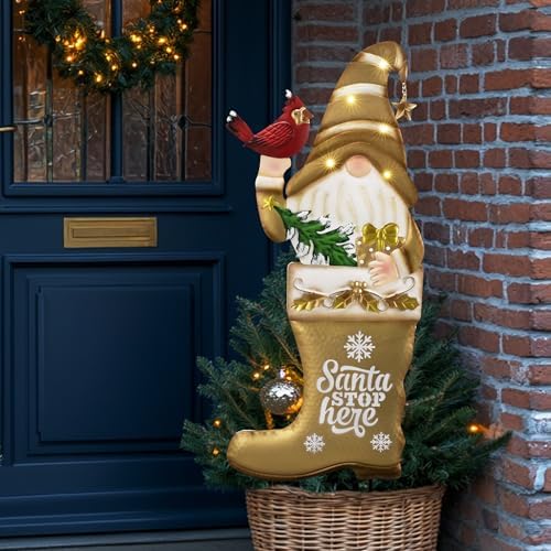 TERESA'S COLLECTIONS Christmas Gnome Garden Stake, Metal Outdoor Christmas Decorations with Solar Light, Christmas Yard Stakes Welcome Signs for Home, Patio Lawn Porch Holiday Party Gifts, 36" by TERESASCOLLECTIONS