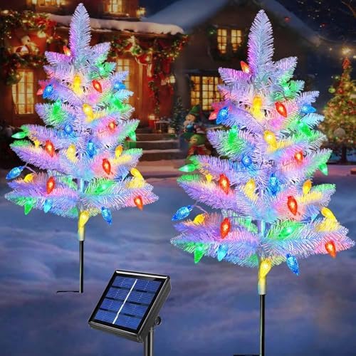 2 Pack White Christmas Tree Outdoor,Solar Powered Christmas Trees with 60 LED C6 Christmas Lights,Pre-lit Small Artificial Xmas Tree for Yard Porch Walkway Pathway Grave Cemetery Christmas Decorations by Abkshine