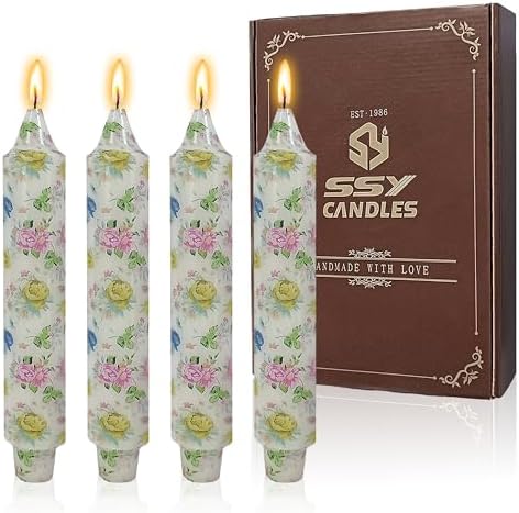 7 inch Short Candle Floral Candle Sticks Printed Candlestick Handmade Unscented Taper Candle 4 pcs Blue Flower Tapered Candles for Home Dinner Wedding Holiday by XINAOBAOLUO