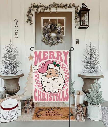 Merry Christmas Garden Flags 12x18 inch Double Sided, Seasonal Xmas Pink Santa Claus Decorations, Small Winter Decor for Yard Outside Outdoor - Image 3