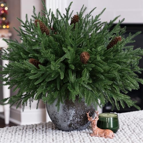 19 Inch Christmas Norfolk Pine Stems, 12PCS Real Touch Faux Cedar Pine with 5PCS Big Pine Cones Branches, Artificial DIY Greenery Stems Plastic Picks for Vase Indoor Outdoor Home Garden Décor by HyeFloraartificialflowers