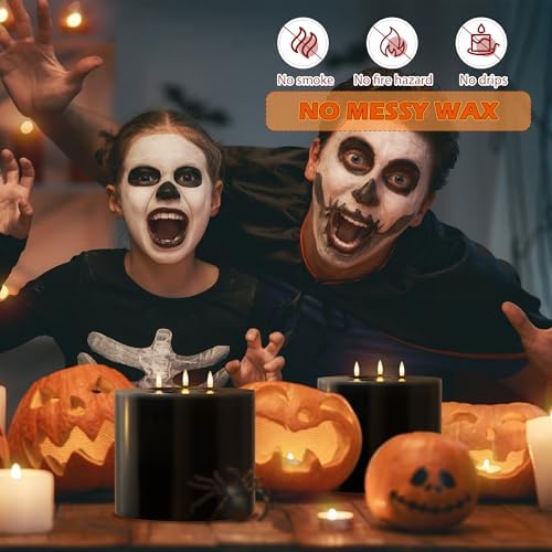 Extra Large Black Flameless Candles with 3 Wicks, 6"x6" Real Wax Halloween Candles with Remote, Battery Operated Candle Flickering LED Candles Fake Candle for Halloween, Home, Party - Image 4