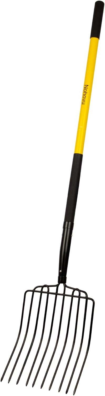 Nohovu Heavy Duty 10 Tine Pitchfork with Fiberglass Handle, 56 Inch Garden Fork for Hay, Compost, Mulch & Yard Work