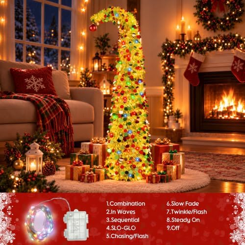 5ft Whimsical Pop Up Christmas Tree with 100 Lights, Lime Green Curved Top Collapsible Tinsel Christmas Tree with Ball Ornaments for Fireplace Porch Corner Apartment Home Indoor Holiday Party Decor - Image 3