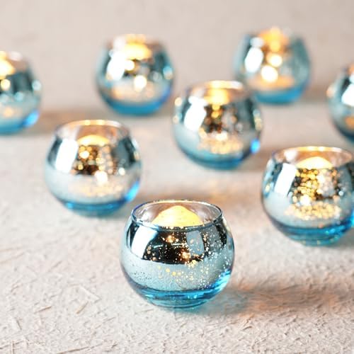 Homemory 24 Pcs Blue Votive Candle Holders, Round Mercury Glass Candle Holder, Tealight Candle Holders for Table Centerpieces, Baby Showe, Anniversary, Wedding, Home Decor, Halloween, Christmas by Homemory