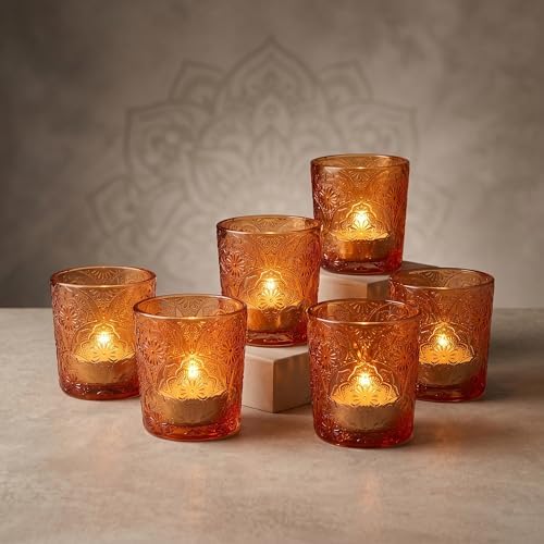 Amber Mandala Glass Tealight Holders, 6 Pack by ArtSecret