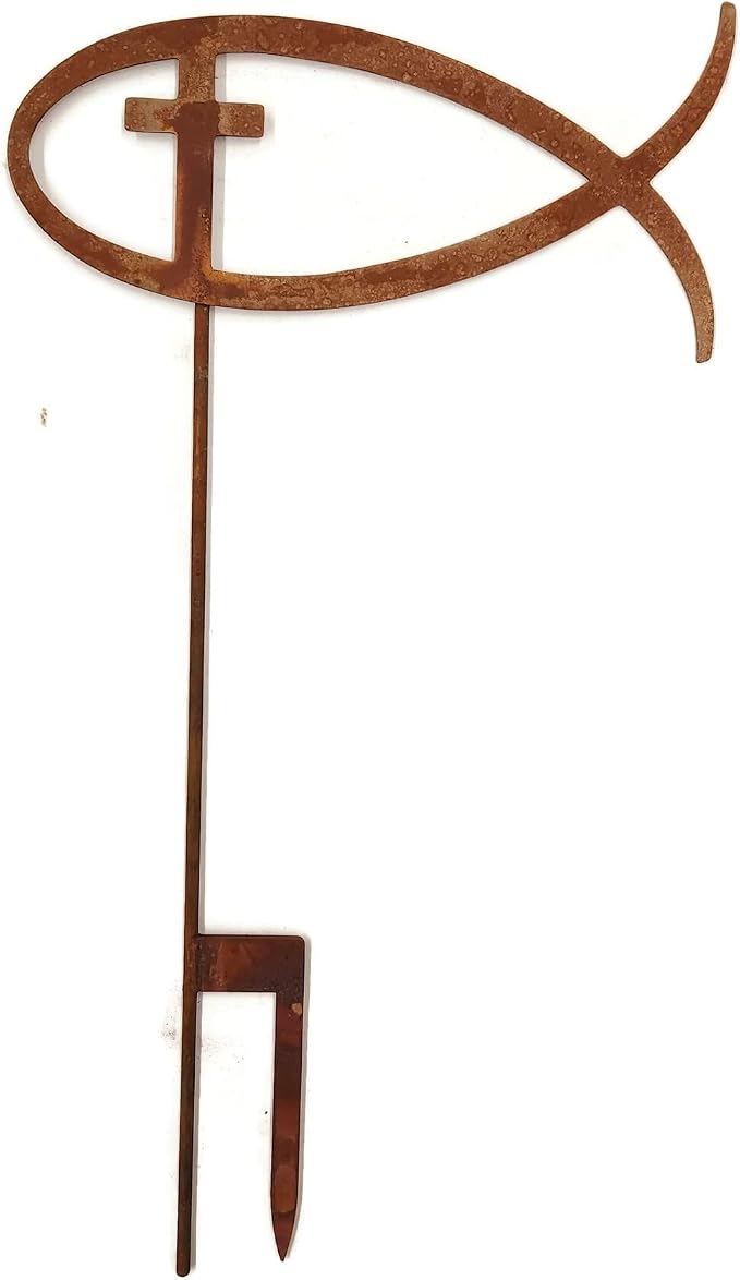 Christian Jesus Fish Metal Steel Garden Landscape Stake 20 to 33 Inches Tall (Jesus Fish with Cross 33" Tall Including Stake, Naturally Rusted)