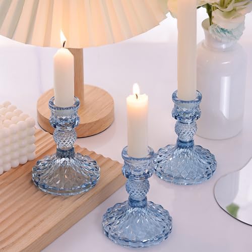 DARJEN 12Pcs 4" H Aqua Blue Candlestick Holders Set- Taper Candle Holders Bulk, Glass Candle Holders for Wedding, Party, Romantic Dinner Table Centerpieces, Festival Gifts & Windowsill Decor - Image 5