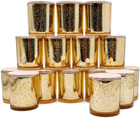 SHOWIN 10 OZ Thick Candle Jars for Making Candles 15 Pcs, Empty Jars with Wood Lids for Candle Making, Sample Container, Gold by Showin
