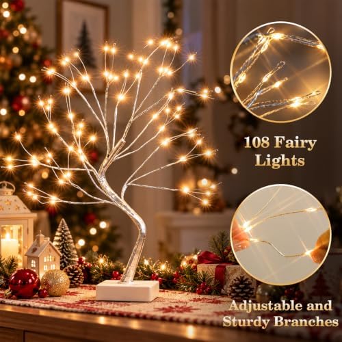 EAMBRITE Fairy Light Tree, 108 Led Light up Trees Decor Indoor, 8 Modes Fairy Light Spirit Tree for Christmas Decorations, USB& Battery Tabletop Bonsai Tree for Home Bedroom Decorations (2 PK, Sliver) - Image 4