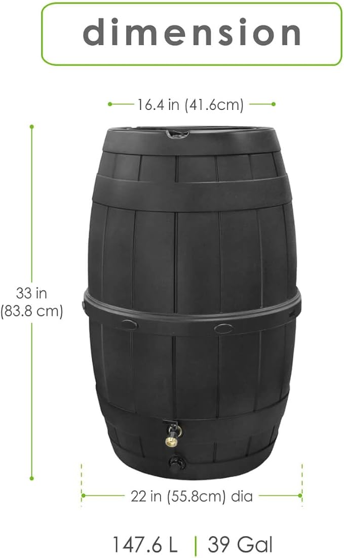 Garden Central 39-Gallon Knock Down Rain Barrel with Brass Spigot, Black – Plastic Outdoor Water Collection Container with Planter Top – Irrigation Supply for Gardening, Lawn & Landscaping