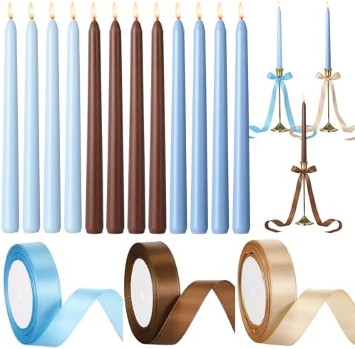 12 Pcs Blue and Brown Party Taper Candles with 3 Roll Ribbon by Windkream