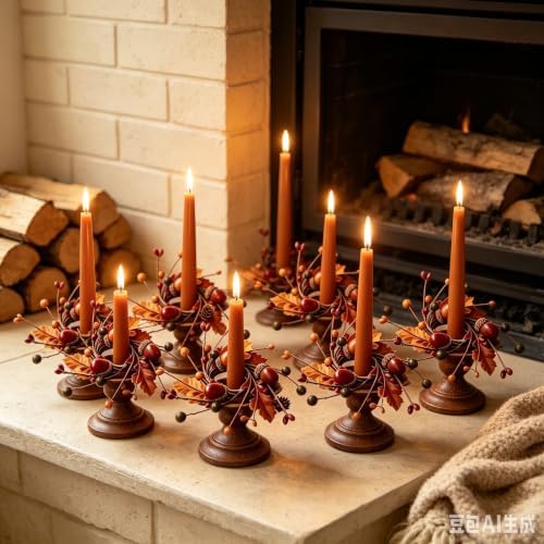6 Pcs 1.38" Mini Fall Thanksgiving Taper Candle Rings Wreaths Small Artificial with Autumn Oak Leaves Acorns Berries Taper Candle Holder Wreath for Candlesticks Table Centerpieces Harvest Decor - Image 2