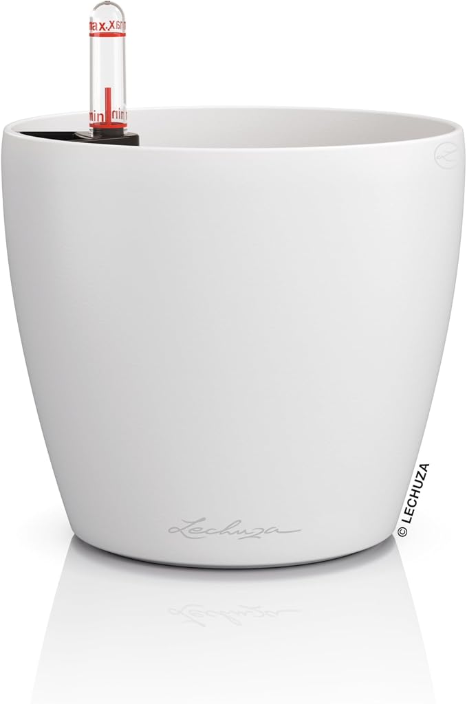 LECHUZA Classico Colour 14 Table Pot White Planter with Watering System, Water Level Indicator and Plant Insert, Matte Surface, Diameter 15 x 13.5 cm, 16696