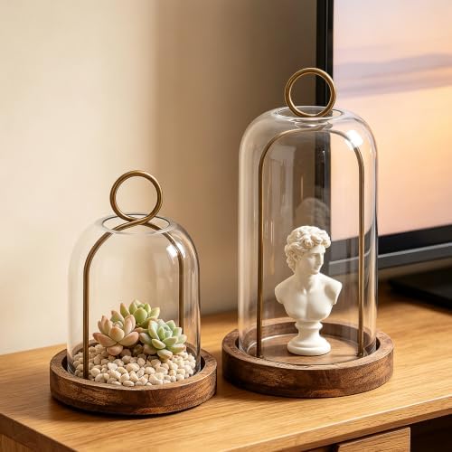 Set of 2 Versatile Vintage Brass Metal Candle Holder with Handmade Sturdy Glass Dome and Natural Wooden Base for Pillar Candle & Plants, Industrial, Farmhouse, Shabby Chic, Display Cloche Bell Jars - Image 4