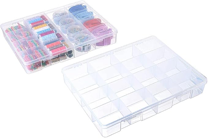 2 Pack Fixed 16 Grids Clear Plastic Large Compartment Container Case, Transparent Organizer Storage Divider Box with Lid for Bead, Button, Hardware, Screw, Sewing Kit, Craft Supplies