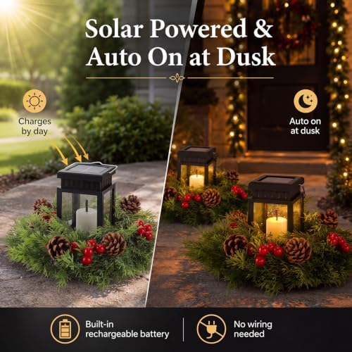 2 Pack Solar Christmas Lanterns, 2 in 1 Outdoor Candle Lantern with Wreaths - Image 5
