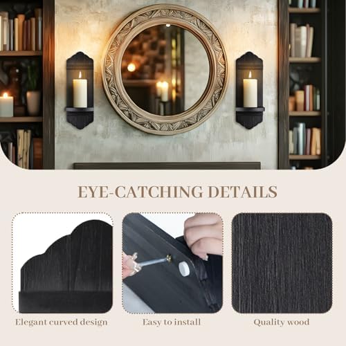 Rustic Black Wood Wall Candle Sconces Set of Two, Farmhouse Wooden Candle Holder Decor for Fireplace, Hallway, Living Room, Bedroom - Image 3