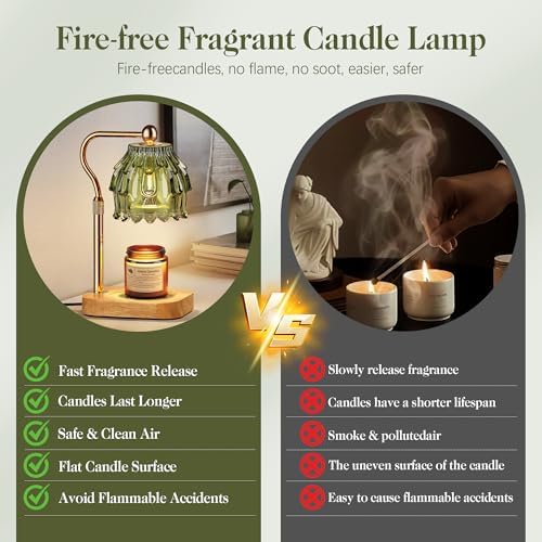 Candle Warmer Lamp with Timer Dimmer, Modern Wax Warmer for Scented Wax Jar Candle Warmer with 2 Bulbs, Adjustable Height Glass Lamp for Gifts for Women, Home Decor, Gold Green - Image 3