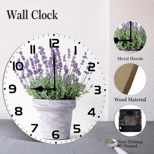 Lavender Watercolor Flower Wooden Silent Non-Ticking 10 Inch Round Clocks Battery Operated Analog for Living Room Kitchen Bedroom Bathroom Office Home School Decor