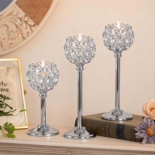 Silver Crystal Candle Holders Candlestick Holders - 4 Sets Tall Bling Bowl Candelabra Centerpieces for Dining Table, Wedding, Party & Fireplace Mantel Decor,12Pcs - Image 6