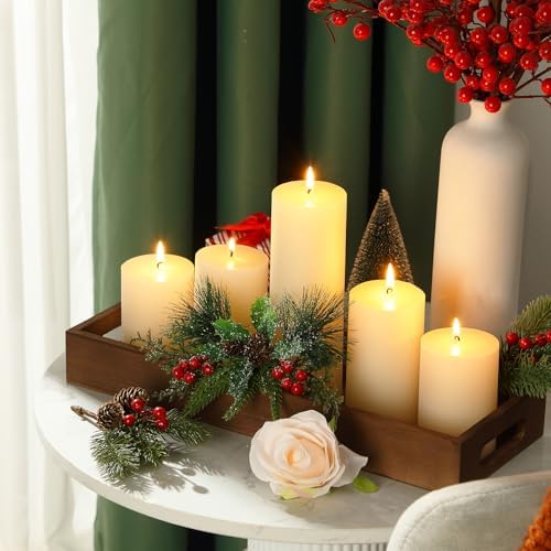 Shihanee Ivory White Pillar Candles and Long Narrow Wooden Candle Tray Set 5 Pcs Dripless Unscented Candles 1 Pcs Rustic Rectangular Centerpiece Candle Holder with Handle for Home Table Dining Kitchen - Image 5