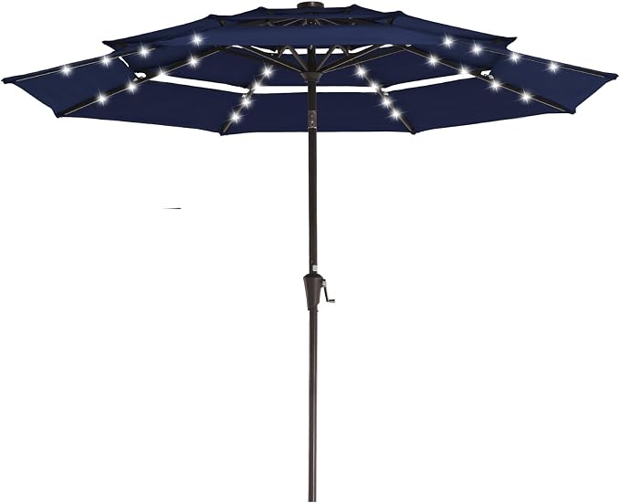 JEAREY 3 Tiers Patio Umbrella with Solar Lights 9ft Outdoor Market Table Umbrellas with Push Button Tilt for Outside Pool Garden, Navy Blue