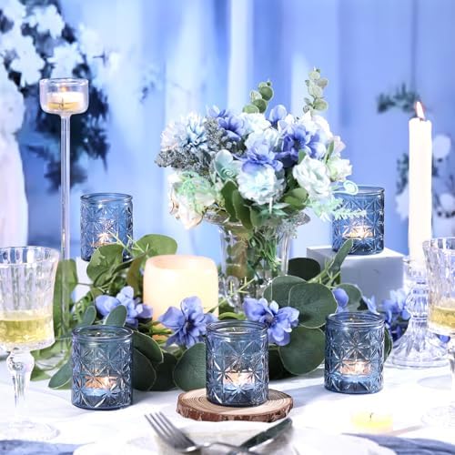 12 Pack Blue Votive Candle Holders, Vintage Blue Candle Holders, Tealight Candle Holder for Wedding Table Centerpieces, Bridal Shower, Home Decor, Birthday, Party Table Decor - Image 2