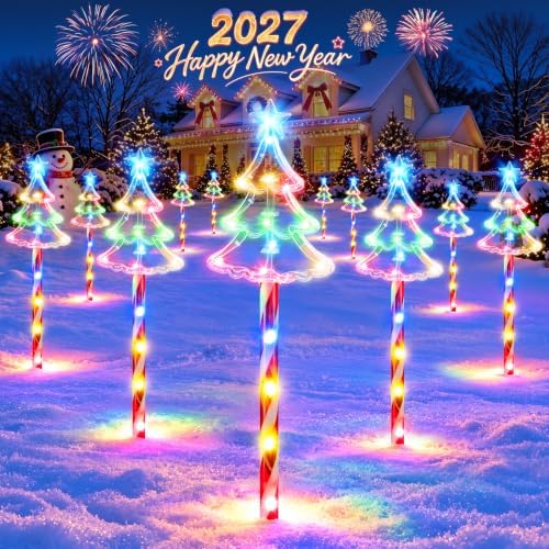 Solar Christmas Pathway Lights Outdoor 12-Pack, Tree & Candy Cane Lights by BONLION