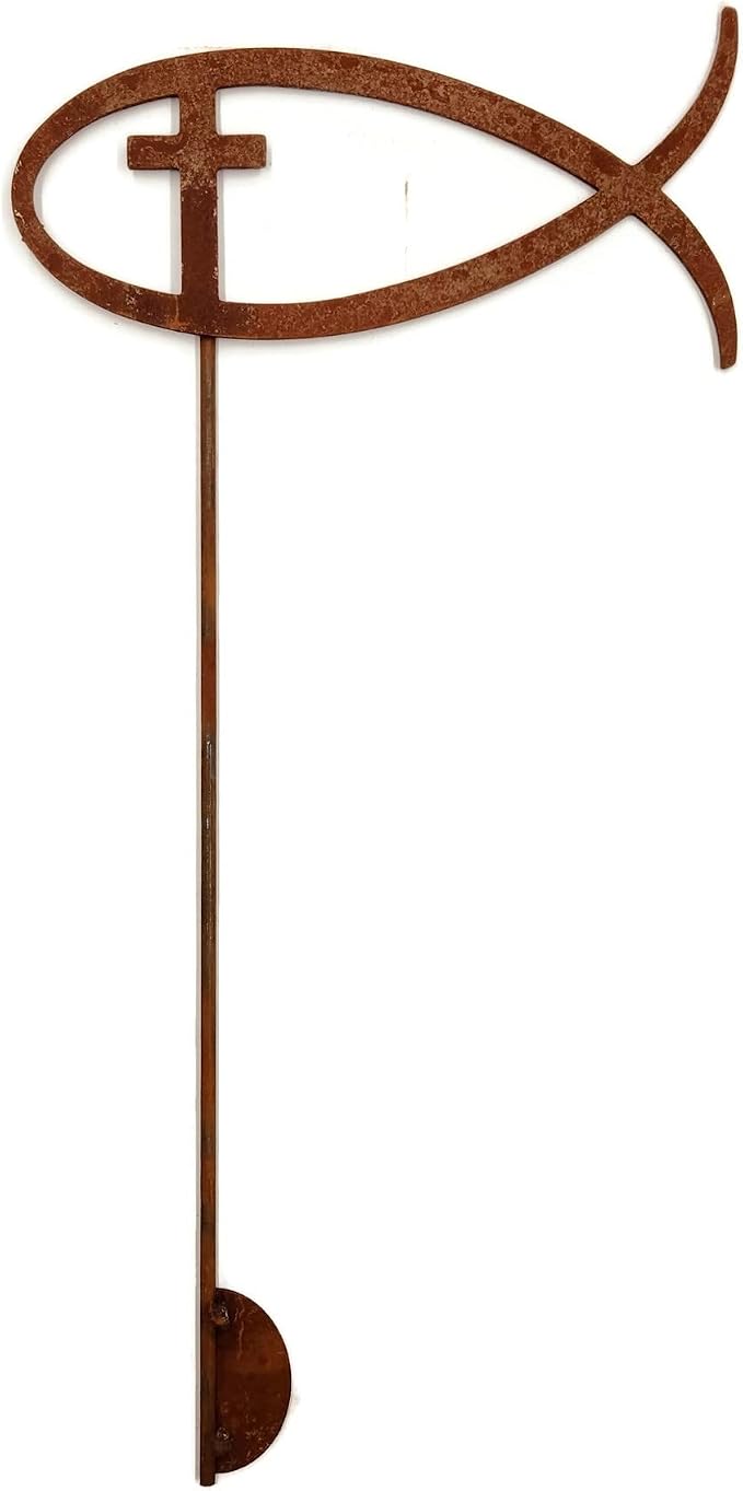 Christian Jesus Fish Metal Steel Garden Landscape Stake 20 to 33 Inches Tall (Jesus Fish with Cross 23" Tall Including Stake, Naturally Rusted)