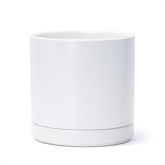 D'vine Dev 8.2 Inch Ceramic Planter Pot with Drainage Hole and Saucer, Indoor Cylinder Round Planter Pot, White, 94-O-D-1