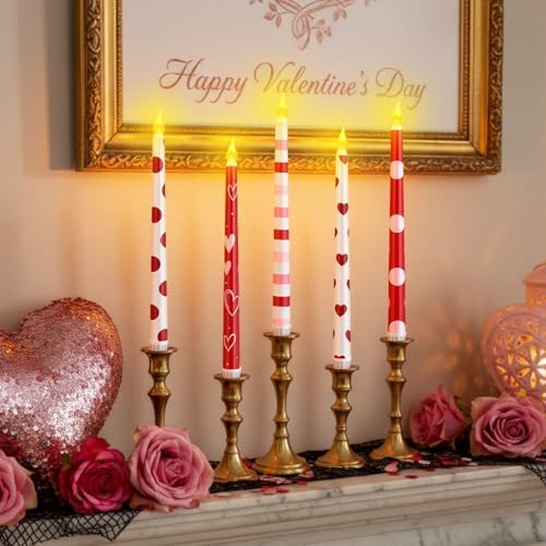 Lounsweer 8 Pcs Valentines Day Flameless Taper Candles 10 Inch LED Valentines Day Flameless Candle Pink Red and White Heart Battery Operated Long Unscented Candlesticks for Anniversary Party Table - Image 5
