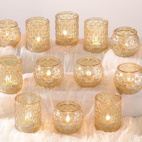 DARJEN 12Pcs Gold Votive Candle Holders - Glass Candle Holder for Table Centerpiece, Tea Light Candle Holders Glass for Wedding Shower, Home & Tea Party Decor by DARJEN
