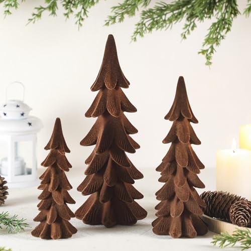 Cinnvoice 3 Set Velvet Christmas Tree Figurines, Brown by QinYee
