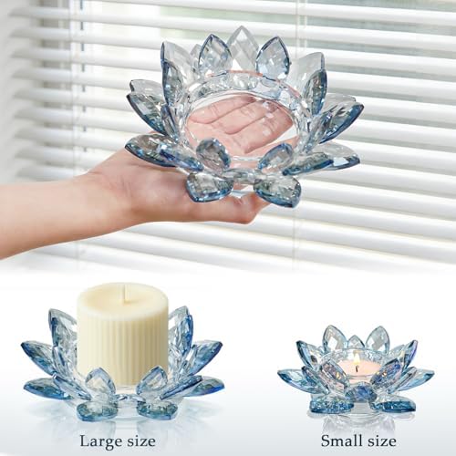 Large Crystal Lotus Tealight Candle Holder for Up to 6" Diameter Pillar Candlestick, Chunky Glass Votive Stand for Wedding, Party, Table Centerpiece Decor and Yoga Meditation (1, Blue) - Image 3