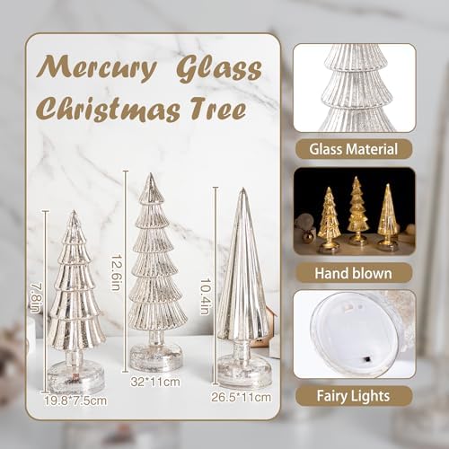 3 Pcs Mercury Glass Christmas Tree Tabletop Christmas Tree with Light,12 in Silver GlassTrees Figurines with LED Lights Figurine for Mantel Centerpieces,Christmas Glass Tree Ornaments (Champagne Gold) - Image 3