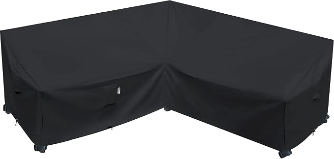 Heavy Duty Outdoor Sectional Sofa Cover, Waterproof 600D Patio Sectional Couch Protector, Lawn Patio Furniture Covers (Midnight Black, V-Shaped-90 x 90")