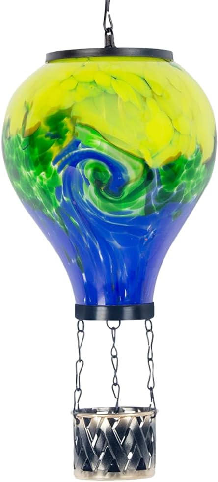 Solar Hot Air Balloon Lantern with Flame | Handmade Glass, Solar Lantern Waterproof, Decorative Lamp for Patio, Garden, Porch, Green & Blue