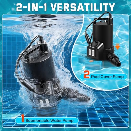 1/3HP Automatic Pool Cover Pump, 3035GPH Submersible Sump Pump | Auto On/Off, Detachable Base, w/Filter Net, 25ft Power Cord, Check Valve, for Swimming Pool, Hot Tubs, Rooftops, Water Beds