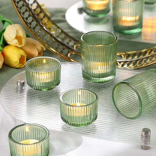 NITIME 10pcs Ribbed Green Votive Candle Holders for Wedding Table Decor, Assorted Tea Light Candle Holder Glass, Green Candle Holders for Table Centerpieces, Brithday and Tea Party Decorations - Image 6