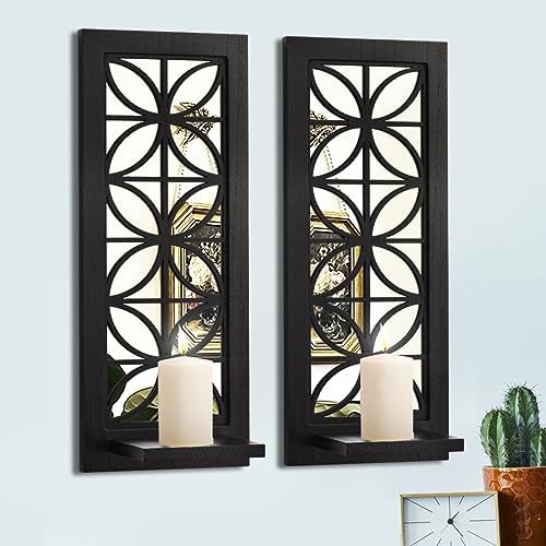 Aeveco Wall Mirrored Candle Sconces Set of 2, Decorative Wooden Candle Holder, Rustic Candle Sconce, Living Room Wall Decoration (Black (Style 1)) by Aeveco