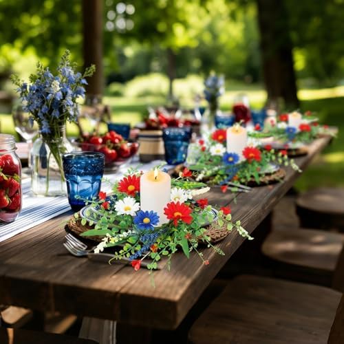 6 PCS Patriotic American Candle Rings Wreaths Artificial 4th of July Floral Candle Rings Holder with Daisy Flowers Mini July Independence Day Wreath for Party Home Table Centerpiece Decor - Image 4