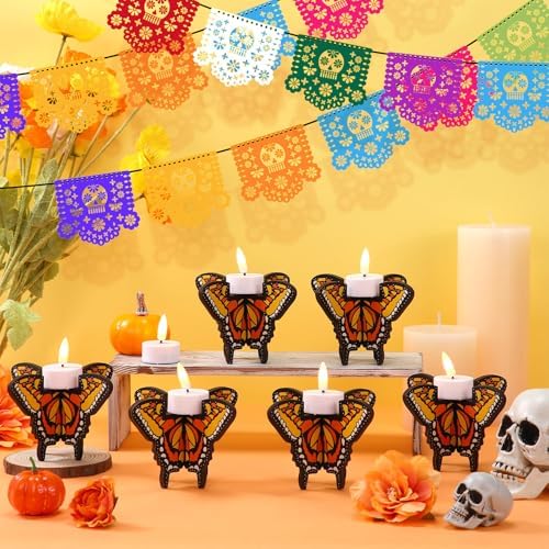 6 Pcs Lemonroad Day of the Dead Wooden Butterfly Candleholder Tabletop by Unknown