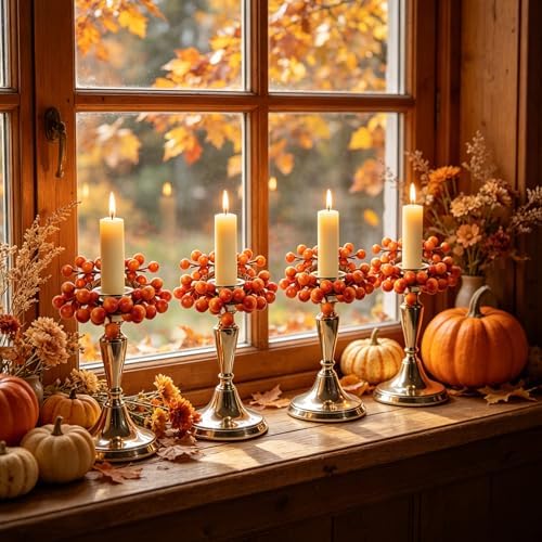 4 PCS Fall Taper Candle Rings Wreaths 1.38" Mini Thanksgiving Taper Candle Holder Wreaths with Orange Berries Autumn Harvest Table Centerpieces Wreath for Wedding Farmhouse Home Candlesticks Decor - Image 5