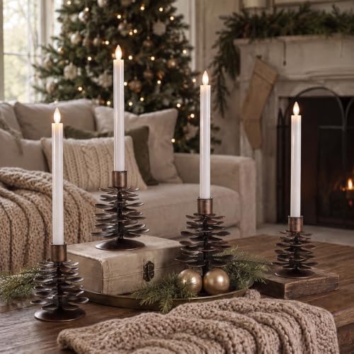 Yungyan 4 Pcs Christmas Pine Cone Taper Candle Holders 3.1 Inch Christmas Pinecone Candle Holder Metal Rustic Candlestick Holder Vintage Distressed Table Centerpiece for Xmas Holiday Farmhouse Decor - Image 3