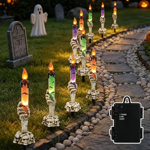 Halloween Decorations, 10 Pack Tabletop Candle Lights with Skeleton Ghost Hand, Waterproof Lighted Yard Stakes, Battery Operated for Light Up Halloween Indoor/Outdoor Garden Decor by LJLNION
