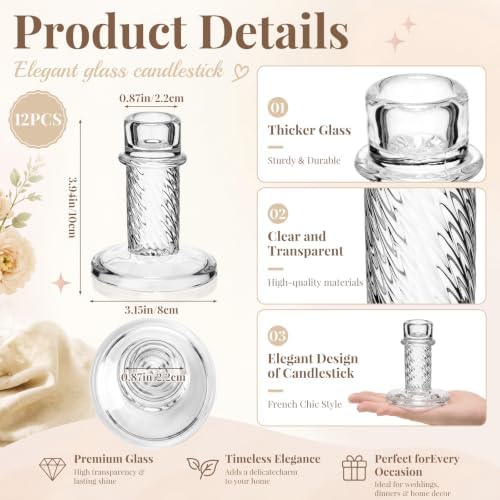 Mumufy 12 Pcs Glass Crystal Taper Candle Holders, 4 Inch Clear Glass Candlestick Holder Fit 0.8 Inch Candles, Crystal Decorative Candle Stand Centerpiece for Wedding, Dining Room, Party(Lines) - Image 2