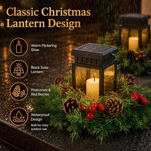 2 Pack Solar Christmas Lanterns, 2 in 1 Outdoor Candle Lantern with Wreaths - Image 4