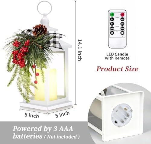 Metal Christmas Vintage Candle Lanterns with Remote Control and Led Light, Plaid Ribbon Decorative Hanging Lantern for Indoor Outdoor Porch Decorations Party Gift, White, WOKEISE - Image 3